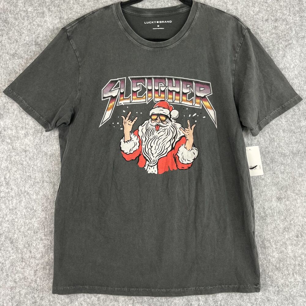 Lucky Brand Sleigher Santa Tee Shirt Mens Medium Gray Christmas Graphics NEW